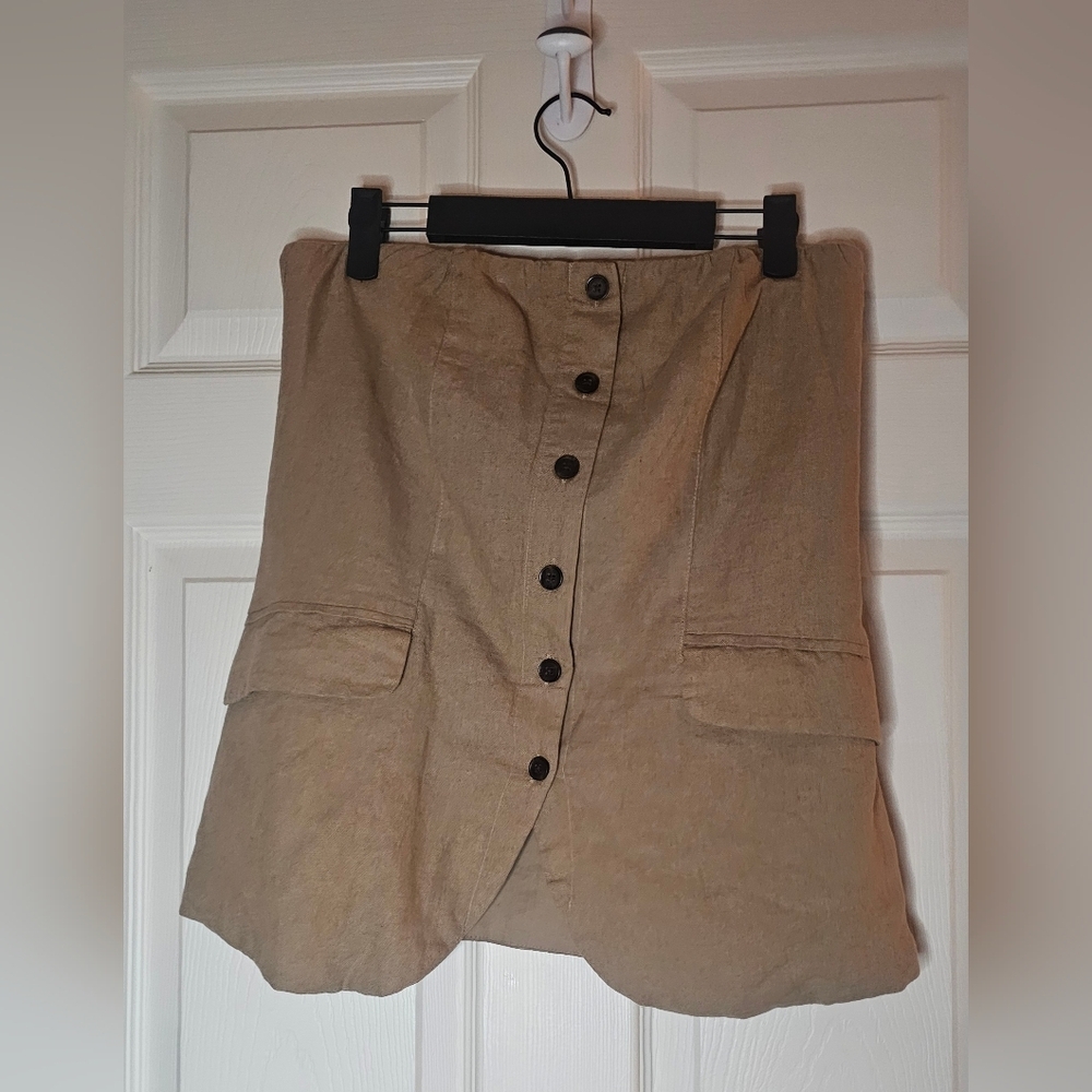 Universal Thread Tan Strapless Button Down Linen Blend Top Smocked Back NWT